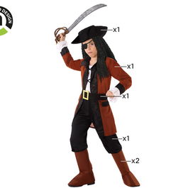 Déguisement Pirate Garçon 10-12 Ans Marron 6 Pièces : Pantalon, Casaque, Ceinture, Cubre-Bottes, Chapeau - Polyester