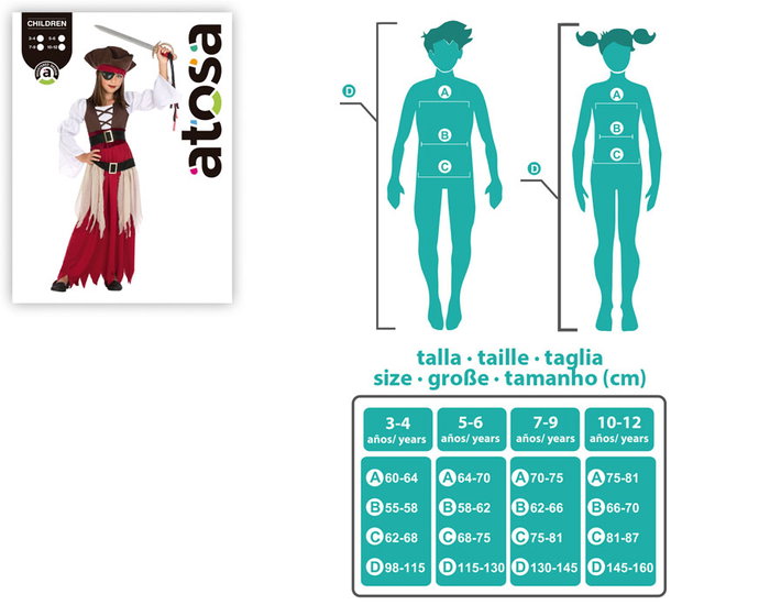 Déguisement Pirate Enfant Fille Rouge 3-4 Ans - Costume de Fête 4 Pièces (Vêtement, Chemise, Ceinture, Chapeau) en Polyester