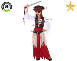 Déguisement Pirate Enfant Fille Rouge 3-4 Ans - Costume de Fête 4 Pièces (Vêtement, Chemise, Ceinture, Chapeau) en Polyester