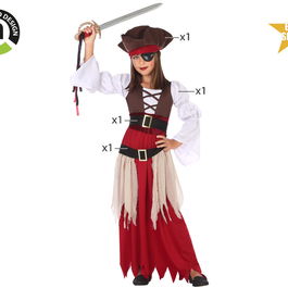 Déguisement Pirate pour Fille, Rouge, 4 Pièces (Robe, Chemise, Ceinture, Chapeau), Taille 10-12 Ans, Polyester, Thème Carnaval, Fête