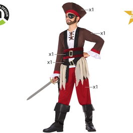Déguisement Pirate pour Enfant Garçon Rouge 7-9 Ans - Costume de 5 Pièces avec Pantalon, Chemise, Ceinture et Chapeau en Polyester pour Carnaval et Fêtes