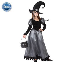Déguisement Sorcière pour Fille 5-6 Ans - Costume Halloween Polyester Gris et Noir avec Chapeau Pointu