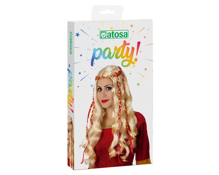 Peluca Rubia Medieval Perruque Blonde Avec Tresses Rouges Décoratives pour Costume Renaissance Cosplay Adulte