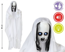 Fantasmagories - Colgante Niña Fantasma 90 cm avec yeux lumineux rouges et sonore activé par le bruit - Figurine effrayante de fille fantôme