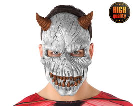 Maskzone Masque Démon Adulte Argenté avec Cornes Brun Clair et Détails en Relief, pour Halloween, Cosplay ou Événement Fantastique