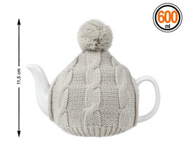 Théière en céramique avec housse en crochet grise et pompon 600 ml