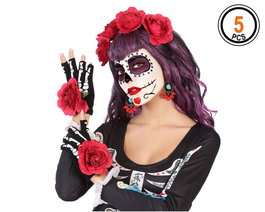 Set Deguisement Catrina 5 Pièces avec Diadème de Fleurs Rouges, Gants et Boucles d'Oreilles - Accessoire Adulte pour Fête d'Halloween et Jour des Morts