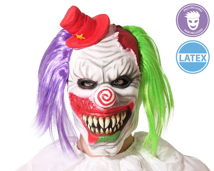 Masque de clown avec cheveux verts et violets et chapeau rouge Masque de clown avec cheveux verts et violets et chapeau rouge