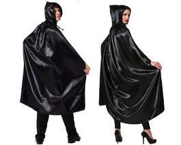 Cape Longue Noire en Satin avec Capuche 140 cm pour Déguisements Sombres et Fantaisie - Adulte