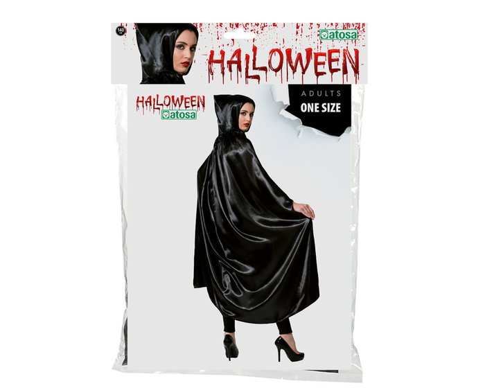 Cape Longue Noire en Satin avec Capuche 140 cm pour Déguisements Sombres et Fantaisie - Adulte Cape Longue Noire en Satin avec Capuche 140 cm pour Déguisements Sombres et Fantaisie - Adulte