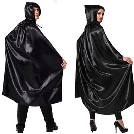 Cape Longue Noire en Satin avec Capuche 140 cm pour Déguisements Sombres et Fantaisie - Adulte