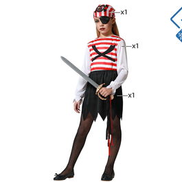 Déguisement Pirate Fille Enfant à Rayures Rouge - Taille 3-4 Ans - Camisette, Pantalon et Bandeau Inclus