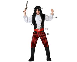 Costume Pirate Homme Adulte Rayures Rouge - Pantalon, Chemise, Ceinture et Foulard - Taille XS-S - Polyester - Pour Fêtes et Carnaval