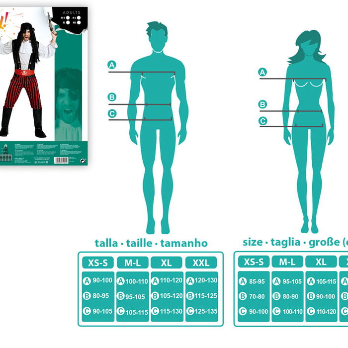 Déguisement Pirate Adulte Homme Rayé Rouge Taille XS-S - Cinturon et Foulard Inclus - Polyester