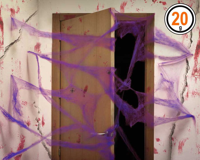 Toile d'araignée décorative violette avec 2 araignées noires, 20 g - Décoration d'Halloween, fête et maison