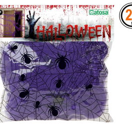 Toile d'araignée décorative violette avec 2 araignées noires, 20 g - Décoration d'Halloween, fête et maison