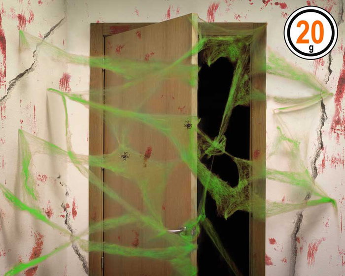 Telaraña Décor de Fête Halloween - Toile d'Araignée Verte avec 2 Araignées Noires - 20 g pour Décorations Effrayantes