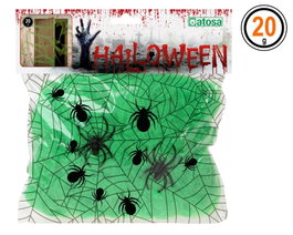 Toile d'araignée verte avec 2 araignées noires pour Halloween (20g)