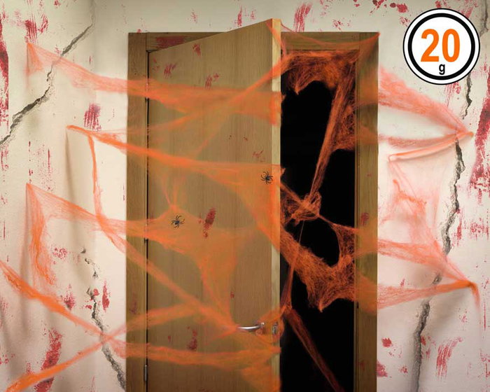Toile d'araignée Halloween orange avec 2 araignées noires - 20 g - Décoration de fête effrayante