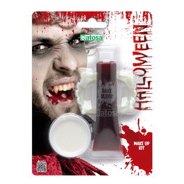 Kit Maquillage Halloween Vampire - Fausse Sang (30 ml), Dentition à Crocs et Maquillage Visage Blanc - Transforme en Vampire Authentique