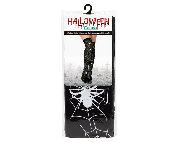 Collants Noirs Femme à Motifs de Toiles d'Araignée Blanches - Accessoire de Déguisement pour Halloween