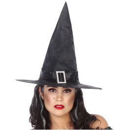 Chapeau de Sorcière Pointu Noir avec Boucle Brillante pour Halloween - Déguisement Adulte Accessoire