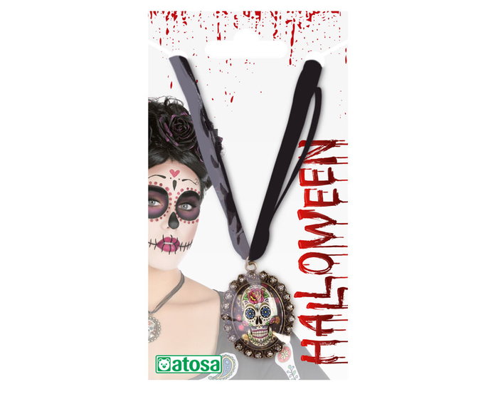 Collier Médailon Crâne Coloré pour Costume de Catrina - Accessoire Halloween Dia de los Muertos