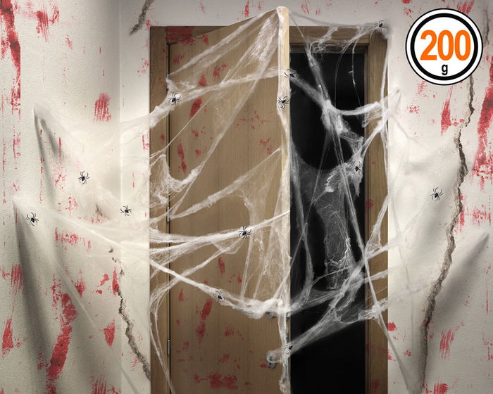 Décorations Halloween : Toile d'Araignée Blanche avec Araignées Noires - 200 g - Idéal pour Porte, Fenêtre, Table