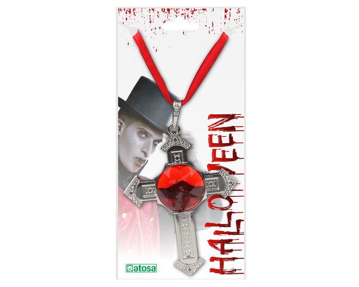 Collier croix argentée avec gemme rouge pour costume de vampire femme - 50 cm - Accessoire Halloween, fantaisie ou médiéval