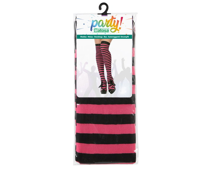 Accessoire - Bas rayés fuchsia et blanc en polyester pour adulte - Idéal costume Barbie, arlequin, fée