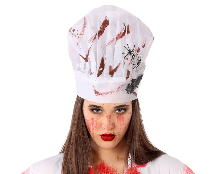 Toque de cuisinier sanglant avec araignées et chauves-souris pour déguisement Halloween Toque de cuisinier sanglant avec araignées et chauves-souris pour déguisement Halloween