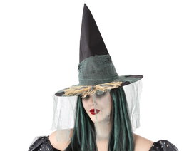 Atosa Chapeau de Sorcière Noir avec Voile et Paille 38x55 cm