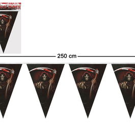 Guirnalda Decorativa Halloween Muerte con Guadaña y Manchas de Sangre, 250 cm de Largo, Color Negro, Decoración para Colgar