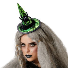 Bandeau Chapeau de Sorcière Vert avec Toile d'Araignée - Diadème pour Déguisement Halloween et Carnaval