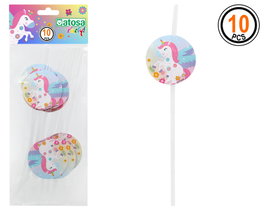 Atosa Set de 10 Pailles Licorne Multicolore avec Décoration 10 cm