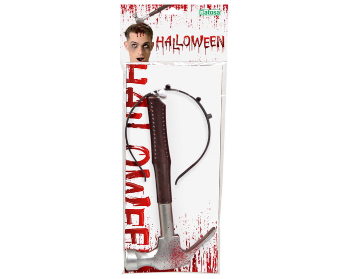 Diadema Martillo Clavado 35x20 - Diadème Halloween avec Marteau Enfoncé et Effet Sanguinolent pour Déguisement Zombie et Monstre