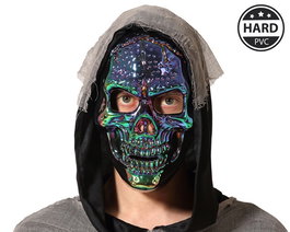 Masque squelette iridescent avec voile et finition métallique pour déguisement, Halloween ou spectacle