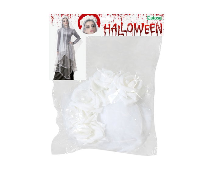 Diadème Halloween pour Déguisement Novia avec Velo et Couronne de Roses Blanches - Effet Fantomatique et Élégant