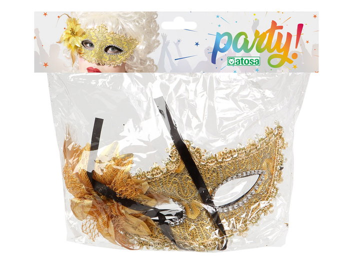 Masque vénitien doré avec fleur et plumes - Mascarade élégante - Accessoire pour fête, déguisement et carnaval
