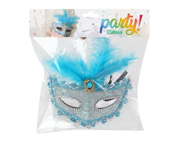 Masque vénitien bleu avec dentelle et plumes pour carnaval, fête ou photos