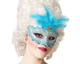 Atosa Masque vénitien bleu avec dentelle et plumes