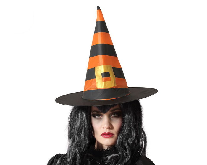 Sombrero de sorcière à rayures orange et noir avec boucle - Chapeau de fête pour Halloween, costume, événement Sombrero de sorcière à rayures orange et noir avec boucle - Chapeau de fête pour Halloween, costume, événement