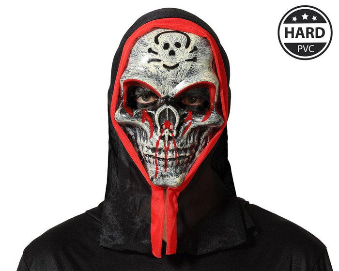 Masque de Squelette Blanc avec Détails Rouges et Capuche Noire pour Halloween et Événements Masque de Squelette Blanc avec Détails Rouges et Capuche Noire pour Halloween et Événements