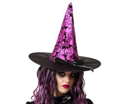Chapeau de sorcière violet avec chauves-souris et ruban noir - Déguisement gothique pour Halloween