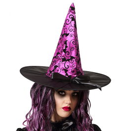 Chapeau de sorcière violet avec chauves-souris et ruban noir - Déguisement gothique pour Halloween