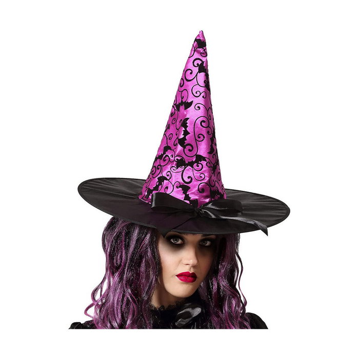 BigBuy Carnival Chapeau Sorcière Chauve-souris Violet avec Chauves-souris et Nœud Noir