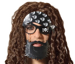 Déguisement adulte homme avec lunettes, barbe et foulard pirates à motif crânes - Accessoire pour carnaval, fête thématique ou spectacle