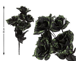 Ramo Decoratif 35 cm - Fleurs Noires avec Brillants Verts - Décoration Nature Sombres, Halloween, Scène Ténébreuse