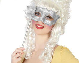 Atosa Masque Vénitien Argenté Brillant avec Tige et Fleur