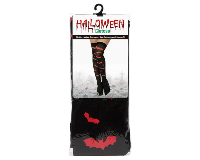 Medias pour femme adulte noires avec motifs chauves-souris rouges - Accessoire déguisement Halloween, vampire ou gothique
